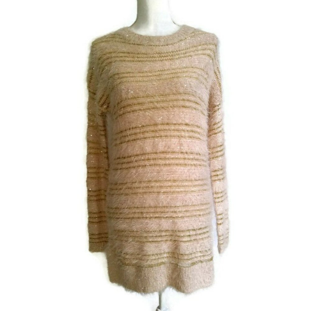 Gianni Bini Sweater XS Fuzzy Gold Metallic Stripe Sequin Tunic Soft Knit